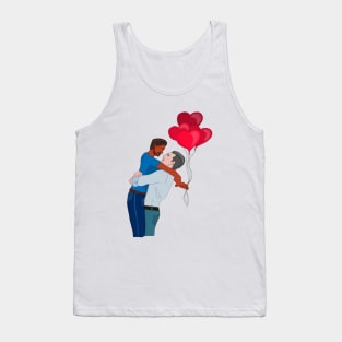 Male Couple Hugging While Holding Heart Shaped Balloons Tank Top
